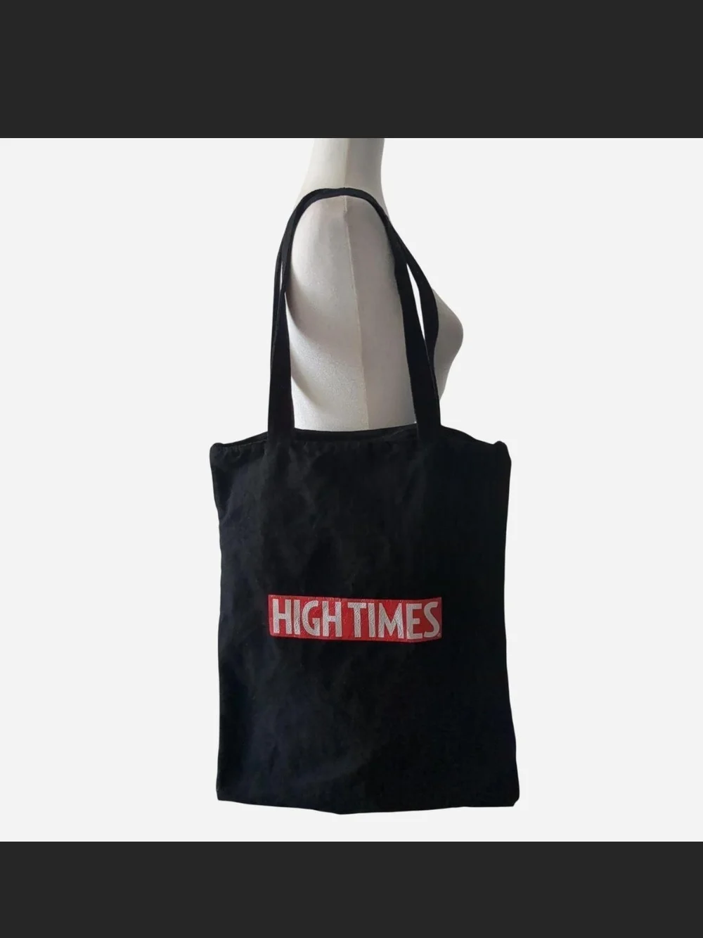 Black Canvas Tote Bag with High Times Cannabis Cup Graphic